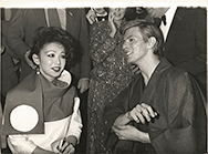 thumbnail link to original 1979 press photo David Bowie in Kimono Just a Gigolo pre-premiere party Cafe Royal.